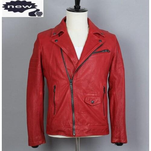 Fashinon Genuine Leather Jacket Men Slim Fit Red Sheepskin Motorcycle Coat Male Lapels Diagonal Zipper Short Clothing