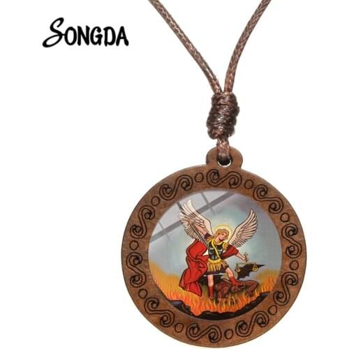 Archangel St Michael Saint Amulet Necklace Protect Me Saint Shield Charm Glass Round Wooden Pendant Jewelry for Men Women