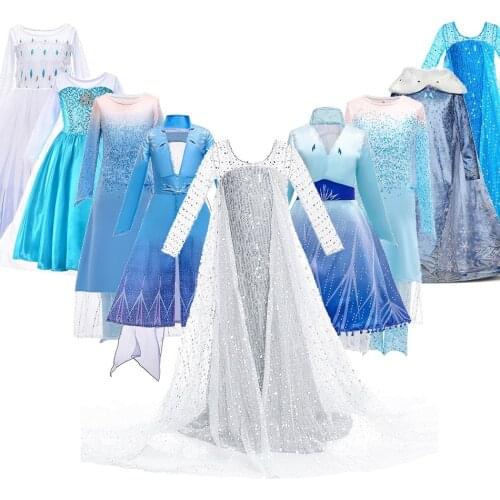 Girl Elsa Dress Halloween Party Princess Costume Blue White Sequins Snow Queen Fancy Outfits Children Christmas Carnival Clothes