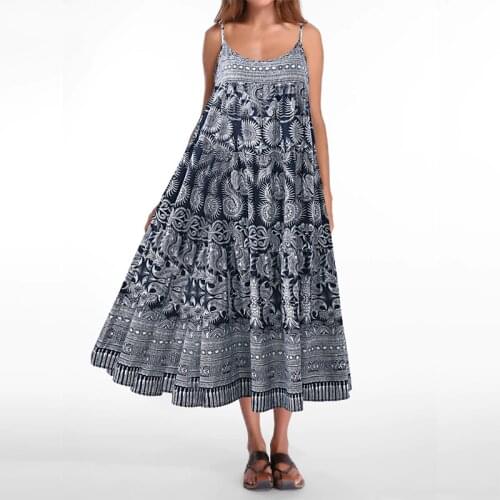 Plus Size Women Strappy Sleeveless Loose Cotton Linen Long Dress Summer Vintage Floral Printed Strap Casual Beach Boho Vestidos