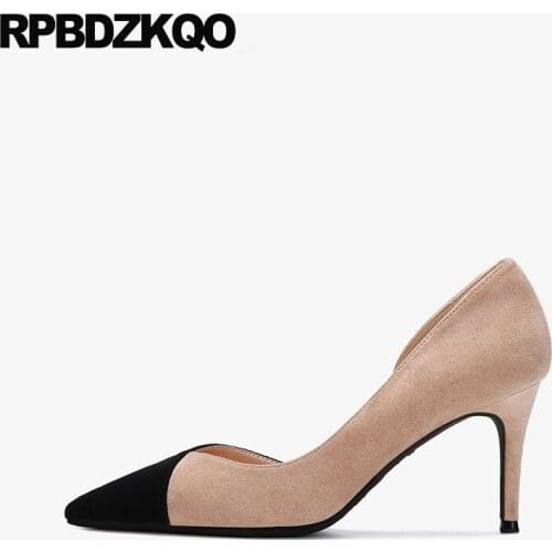 Casual scarpin ladies pointed toe 2019 shoes suede pumps thin high heels size 4 34 8cm stiletto designer fashion nude slip on