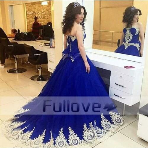 Luxury Royal Blue Sweetheart Evening Dress Long 2019 Gold Appliques Bow Formal Evening Party Dresses Gown Robe De Soiree Abiye
