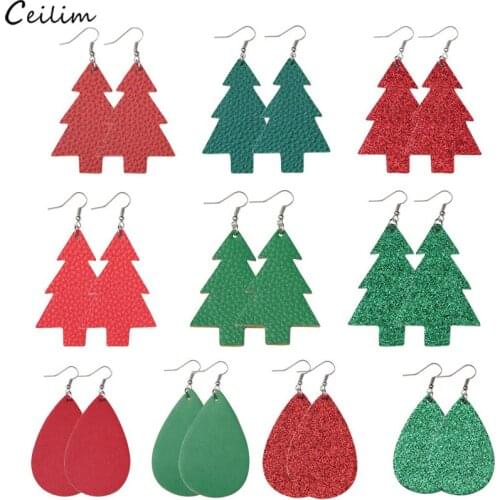 Christmas Earrings Fashion Red Green Water Drop Leather Earring Cute Christmas Tree Ear Jewelry Accessories Xmas Gifts for Women