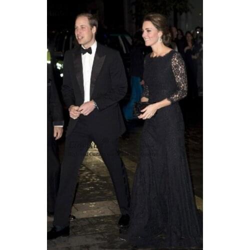 Modest Vintage Black Lace Long Formal Prom Dresses Kate Middleton Custom Made Bateau Neck Illusion Sleeves Evening Gowns