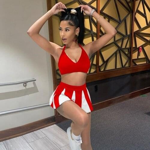 Sportwear Casual Bandage Two Piece Set Halter Crop Top and High Waisted Mini Skirts Set Color Patchwork Club Outfits for Women