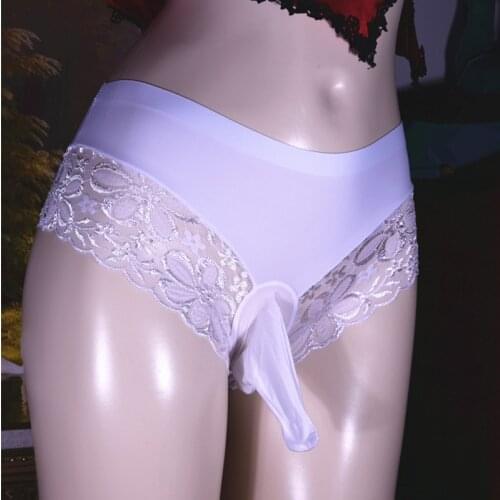 Sexy Men Panties Low Waist Penis Sheath Cock Pouch Briefs Lace Ice Silk Thong Man Gay Erotic Underwear Sissy Fetish Lingerie