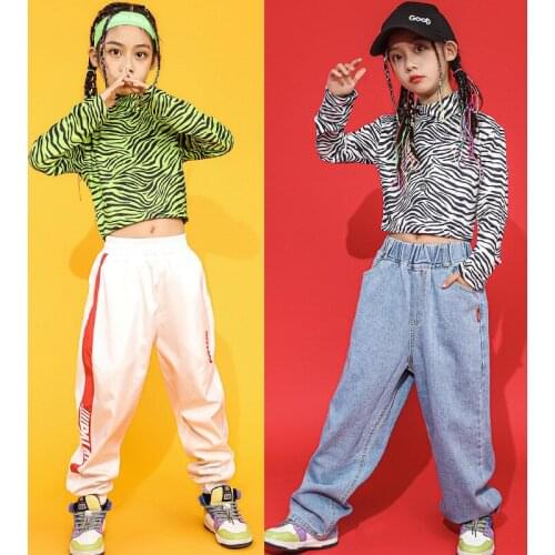 Girls Hip Hop Crop Sweatshirt Jeans Kids Child Streetwear Leopard Top Sport Pants Outfit Teens Jazz Stage Dance Costume Clothes