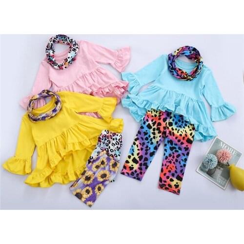 Spring Toddler Baby Girl Clothes Sets Long Sleeve Solid Color Ruffle Dress Shirt Top+ Floral Tie Tie Print Trousers Pants+Scarf