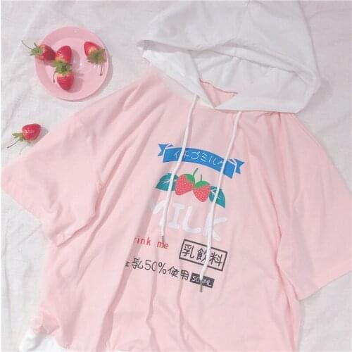 Harajuku Cute Strawberry Print Womens Hooded Short Sleeve T-shirt Tee Kawaii Girl Student Pullover Summer Milk letters Shirts