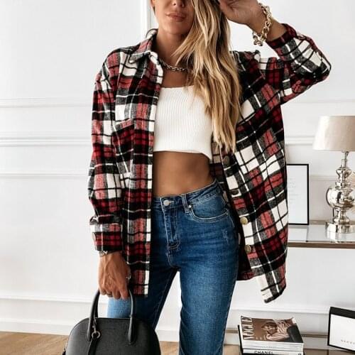 Vintage Plaid Shirt Jacket Women Coat Turn Down Collar Long Sleeve Coats Women 2021 Autumn Winter Fashion Street Casual Clothes