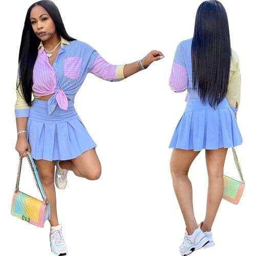 Women Skirts Sets Patchwork Full Sleeve Shirt Solid Empire Mini Pleated Skirt 2 Piece Set Female Street Casual Clothes