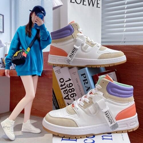 2021 High Top Casual Shoes Women Autumn Flat Bottom Leather All-match Womens White Shoes Womens Shoes Leather Sneakers K05