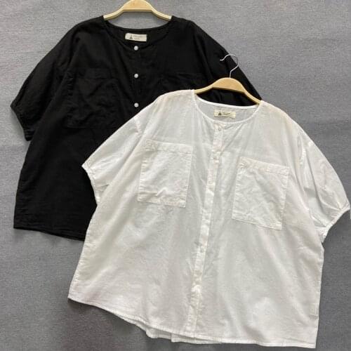 Johnature New Simple Womens Tops 2021 Summer Japanese Casual O-neck Short Sleeve Pockets Short Sleeve Loose Shirts