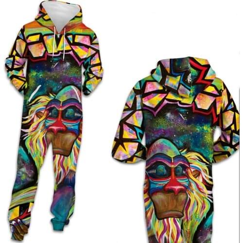 Orangutan Printing Jumpsuit Women Men Long Sleeve Zipper Hooded Jumpsuits Spring Hoodies Rompers Female Casual Home Playsuit