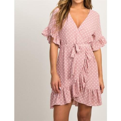 Spring Chiffon Polka Dot Print Dress Sexy V-Neck Short Sleeve Dresses For Women 2021 Pink Sweet A-Line Mini Vestido Mujer Casual