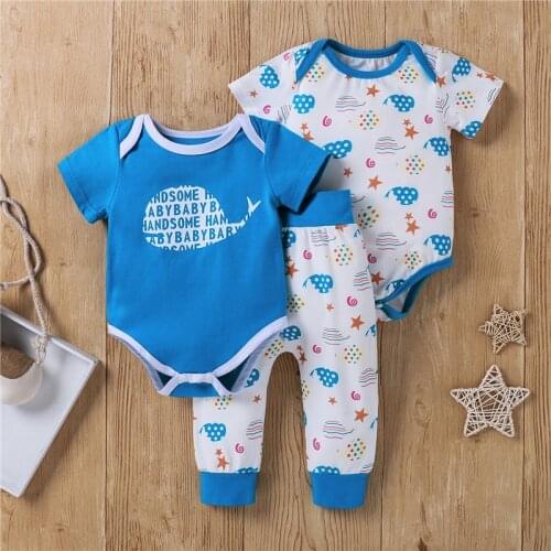Newborn Baby Boys Summer Casual Clothes Set Toddler Boys0-2T Elastic Waist Pants and 2Pcs O-Neck Short Sleeve Romper 3Pcs