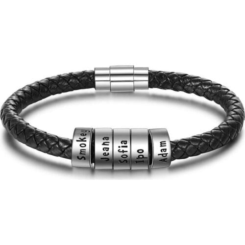 Black Genuine Leather Bracelet Customized Personality Men Jewelry Engrave Family Name Stainless Steel Bangle Men Women Gifts
