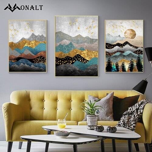 Black and Gold Forest and Mountains prints Canvas Abstract Art Luxurious Pictures Landscape Wall Paintings for Living Room