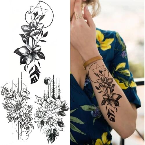 Black Peony Fake Temporary Tattoo For Women Fashion Sexy Daisy Flower Tattoos Legs Waist Beauty Drawing Tatoo Disposable Bloosom