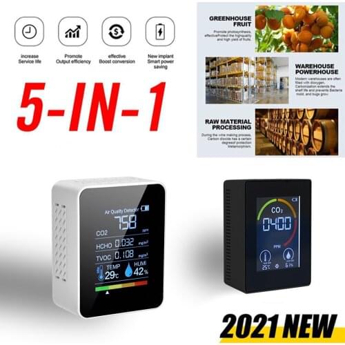 5-in-1 CO2 Meter Digital Temperature Humidity Sensor Tester Air Quality Monitor Carbon Dioxide TVOC Formaldehyde HCHO Detector