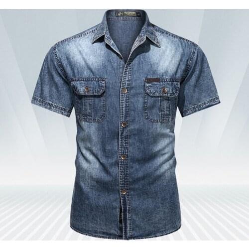 Mens Short Sleeve Denim Shirt Fashion Casual Retro Denim Shirts Men Summer Cotton Slim Tops Classic Pocket Decoration Shirts