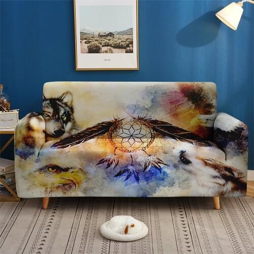 Custom 3D Print Sugar Skull Wolf Animal Dreamcatcher Elastic Couch Cover Sofa For Living Room Bedroom Home Decor 1/2/3/4-seater