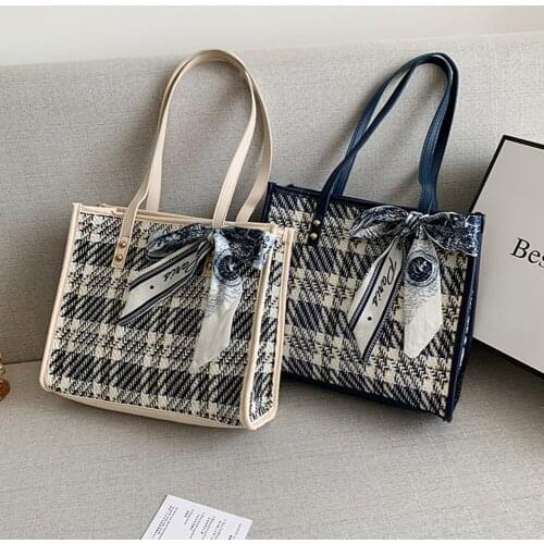 Elegant Female Bowknot Zipper Shoulder Bags Plaid Pattern Travel Tote Handbags Ladies Woolen Cloth Shopping Bags