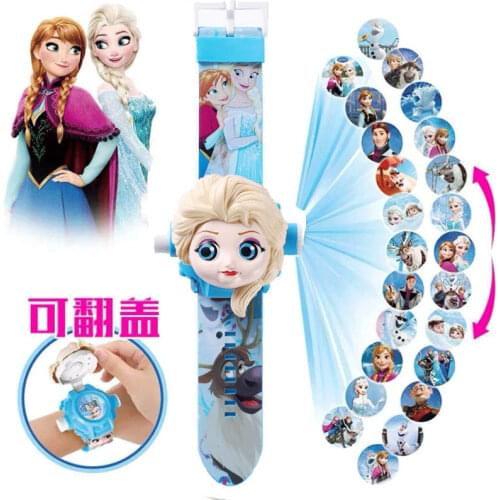 Marvel Spiderman iron Man Frozen 3D 24 projections Childrens flip watch LED electronic toy watch Boy girl watch