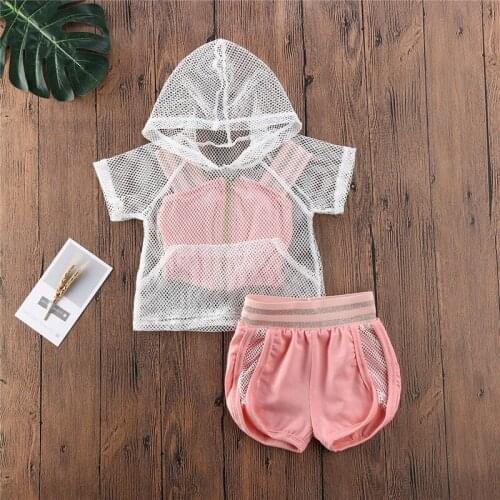3pcs Summer Toddler Kid Baby Girls Fashion Clothes Sets Mesh Short Sleeve T shirt Tops+Casual Shorts