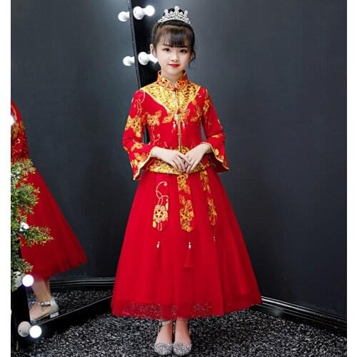 Red Flower Girl Dress For Wedding Girls Chinese Hanfu Long Lace Embroidery Cheongsam Dress Princess Dresses Kids New Year Dress