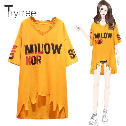 Trytree 2020 Summer Shirt Dress Women Casual V-neck Loose Letter Irregular Fashion Elegant Mini All-Purpose Style Shirt Dress