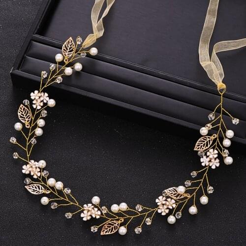 Trendy Wedding Hair Accessories Flower Crystal Pearl Headband Gold Headdress Bridal Hair Accessories Party Prom HandmadeTiara