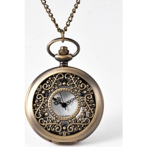 Trend vintage bronze four-leaf clover pattern open quartz pocket watch with necklace