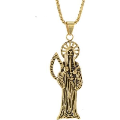 Vintage Holy Saint Death Santa Muerte Mens Pendant Necklace Stainless Steel Jewlery with box chain 24