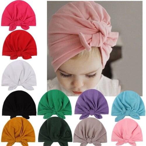 New Newborn Baby Kids Girls Soft Turban Cap Beanie Solid Bow Knot Wrap Hats
