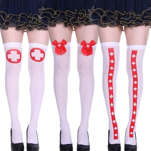 N7MF Women Halloween Thigh High Stockings White Red Cross Bow Nurse Cosplay Socks