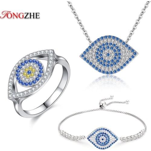 TONGZHE Evil Eye Necklace Dragon Shrimp Shape 925 Sterling Silver Bracelets for Women Fashion Blue Zircon Ring Jewelry Sets