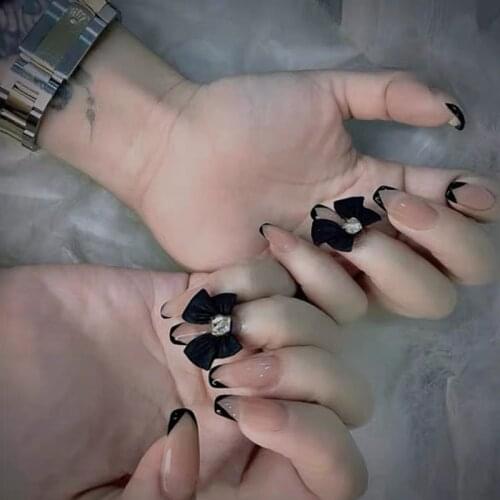 Bowknot Black Edge Trapezoid French False Nail Nude Nail Art Finished Removable Wearable Nail Patch
