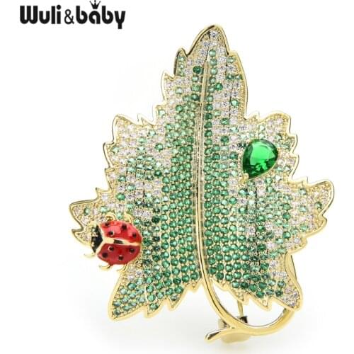 Wuli&baby Luxury Zircon Beetle And Leaf Brooches Green Leaf Weddings Banquet Office Brooch Pins Gifts