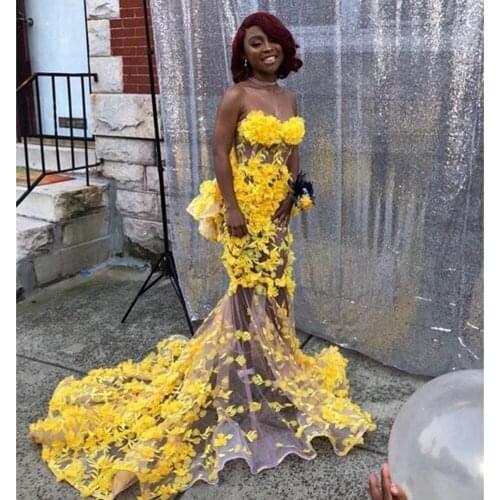 Yellow Follows Prom Dresses 2018 Mermaid Sexy See Through Sweep Train Formal Dresses Black Girls Evening Party Gowns DP0497