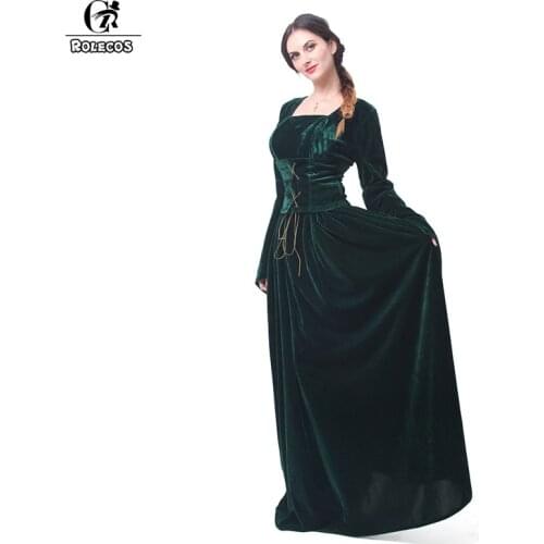 ROLECOS Women Purple Green Medieval Renaissance Victorian Evening Dresses Velvet Trumpet Sleeve Costume Gown for Women GC222