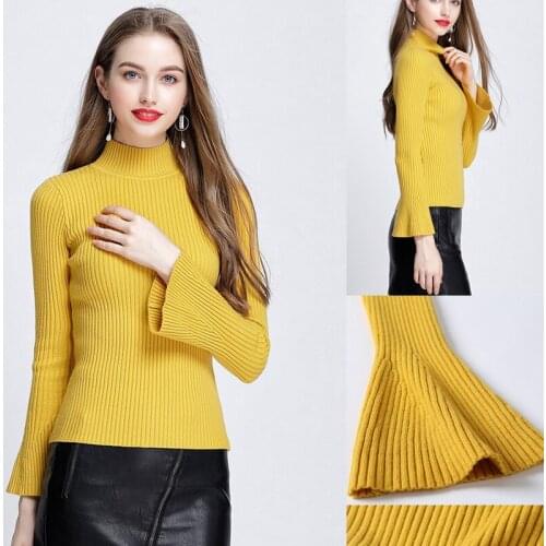2020 Classic Spring Autumn Wome High Neck Knitted Sweater Top Flare Sleeve Sweaters