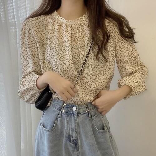 Womens Pullover Small Floral Lace Chiffon Puff Long Sleeves Loose Tops Wholesale 2021 Autumn New Elegant Fashion Lady Clothes