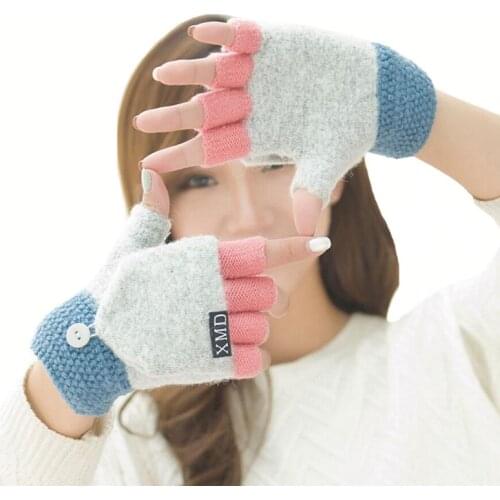 VISNXGI Winter Warm Thickening Wool Gloves Knitted Flip Fingerless Exposed Finger Thick Wool Fashion Women Men Letter Mittens