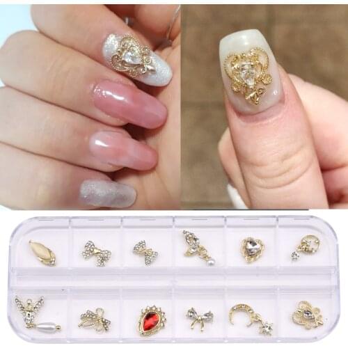 Gold Nail Chain Pendant Crystal Drop Heart Gemstone Bow Bowknot Metal 3d Nail Art Decoration Jewerlry Craft Accessories TJ39