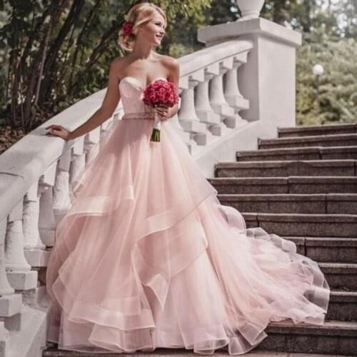 2021 Blush Pink Garden A-Line Sweetheart Wedding Dresses With Ribbon Beads Ruffles Skirt Princess Bohemian Bridal Dresses