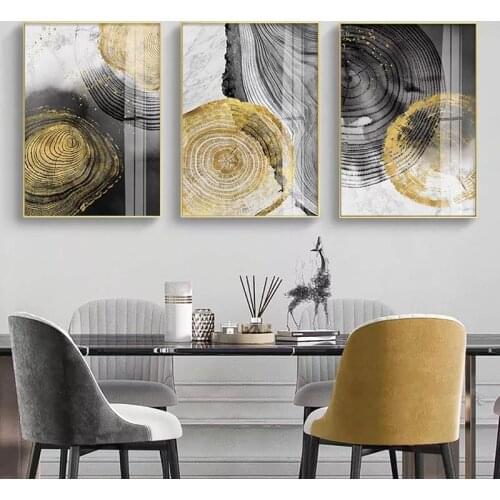 Tree Rings Texture Abstract Luxury Golden Black Nordic Style Wall Art Print Canva Poster Painting Home Decor Living Room Picture