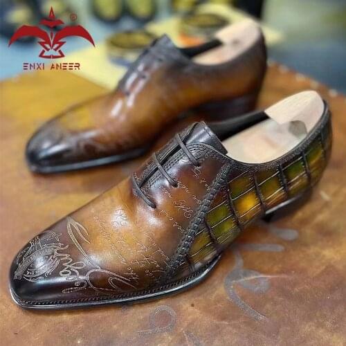 Cest Bone Shoes 100% Genuine Cro Cow Leather Shoes Men Oxford Derby Dress Shoes Handmade Custom Patina Brown Green Color