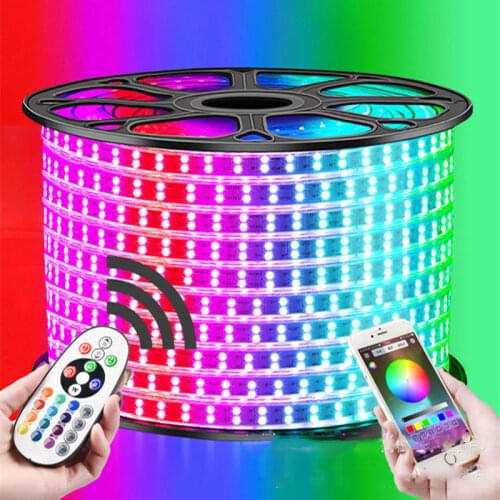 31-50M Double Row RGB LED Strip 96LEDs/M 5050 220V Color Change Light Tape IP67 Waterproof LED Rope Light +IR Bluetooth Control