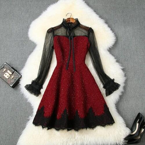 And American womens European clothing 2021 spring new Horn long sleeve lace stand collar Bright silk Fashion dress